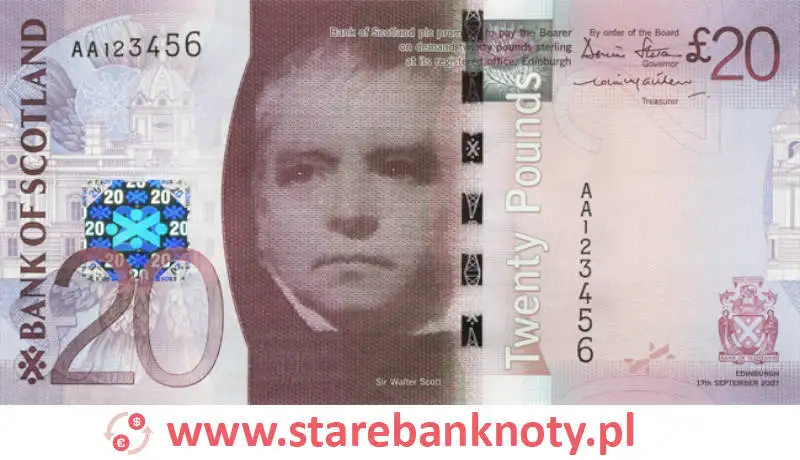 widok banknotu 20 funtów szkockich awers seria : The Bridges